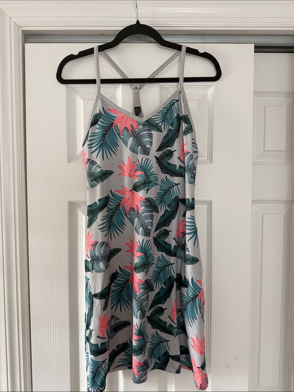 Kyodan Gray Tropical Print Slip Dress with Pink Accents